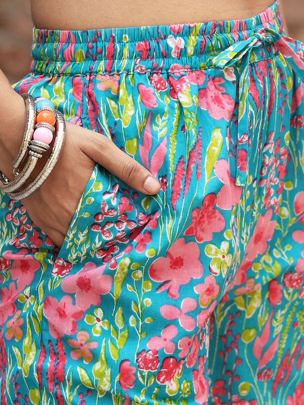 Blue Cotton Hip Length Printed Straight Mandarin Neck Top Palazzo Set
