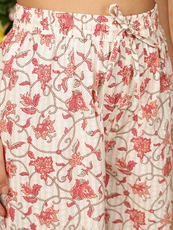 Peach Cotton Calf Length Printed Collared Straight Kurta Palazzo Set