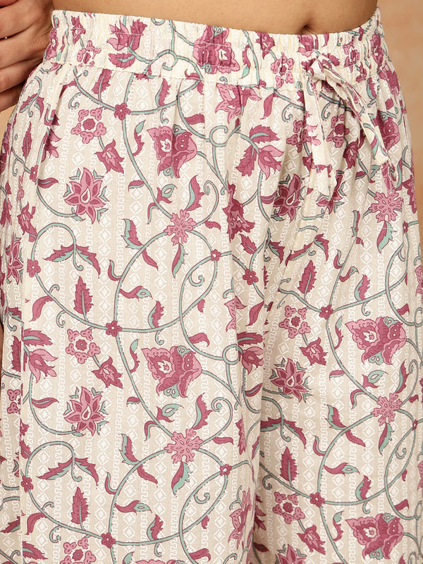 Pink Cotton Calf Length Printed Collared Straight Kurta Palazzo Set