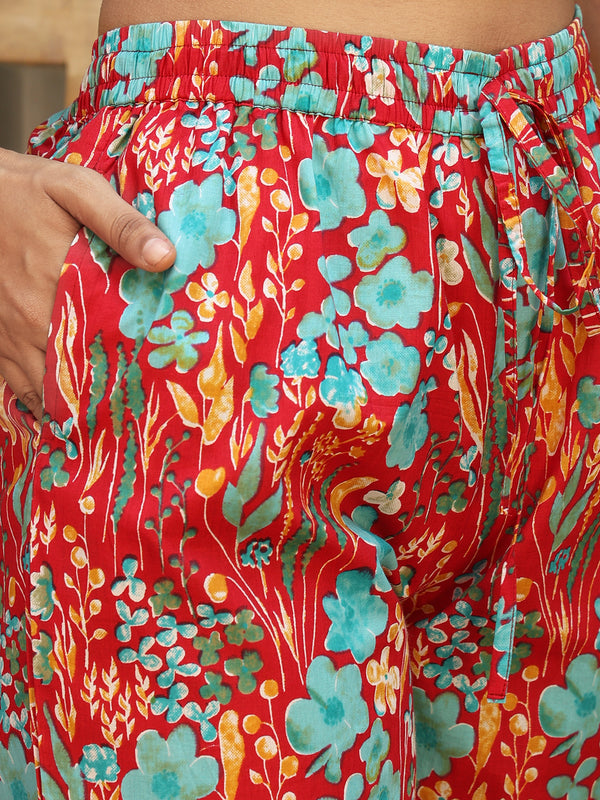 Pink Cotton Hip Length Printed Straight Mandarin Neck Top Palazzo Set