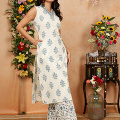 Blue Cotton Calf Length Printed Collared Straight Kurta Palazzo Set