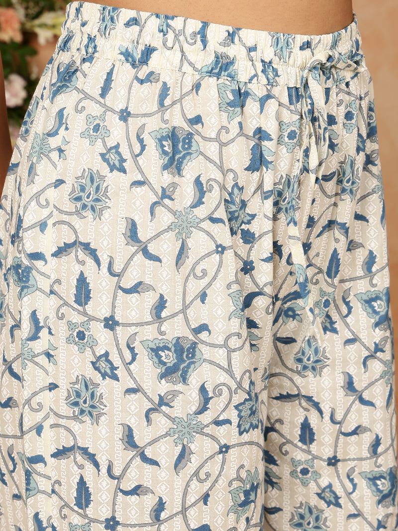 Blue Cotton Calf Length Printed Collared Straight Kurta Palazzo Set