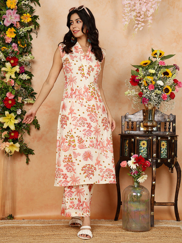 Peach Rayon Calf Length Printed Collared Straight Kurta Palazzo Set
