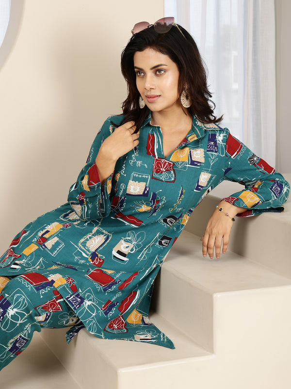 Green Rayon Hip Length Printed Shirt Coller Asymmetric Kurta Pant Set