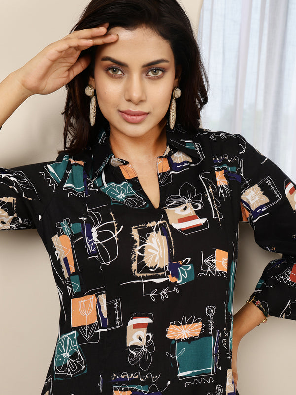 Black Rayon Hip Length Printed Shirt Coller Asymmetric Kurta Pant Set