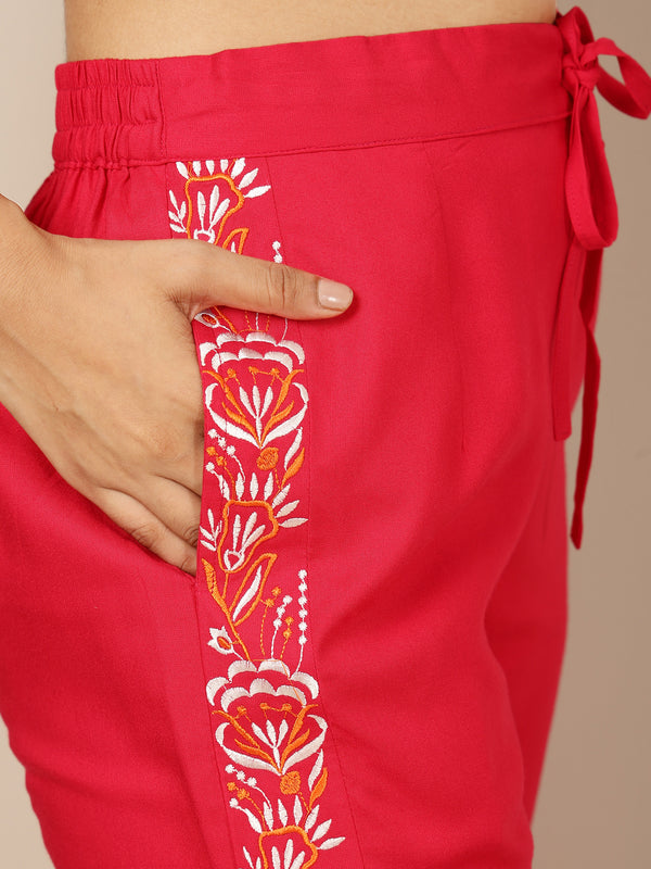 Coral Rayon Hip Length Solid Round Straight 3/4 Sleeves Kurta Pant Set