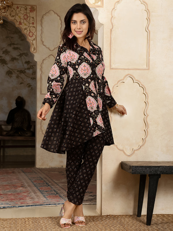 Black Cotton Hip Length Printed Shirt Coller Asymmetric Kurta Pant Set
