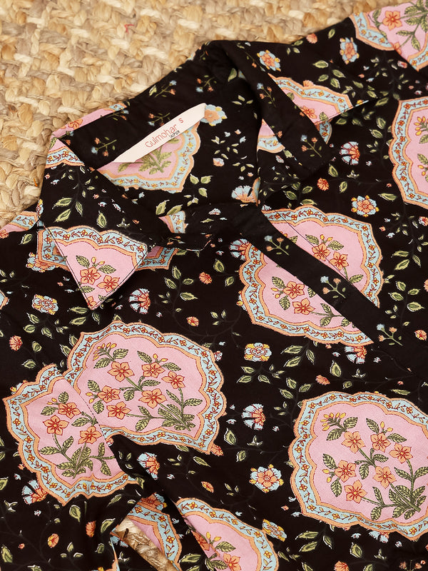 Black Cotton Hip Length Printed Shirt Coller Asymmetric Kurta Pant Set