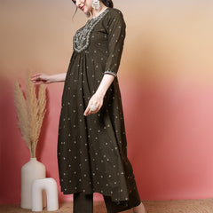 Cotton Calf Length Printed 3/4 Sleeves Round Neck Semi-Flared Kurta Suit Set