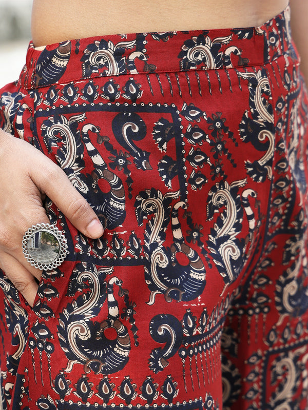 Maroon Rayon Calf Length Printed Assymetrical Round Neck Kurta Palazzo Set