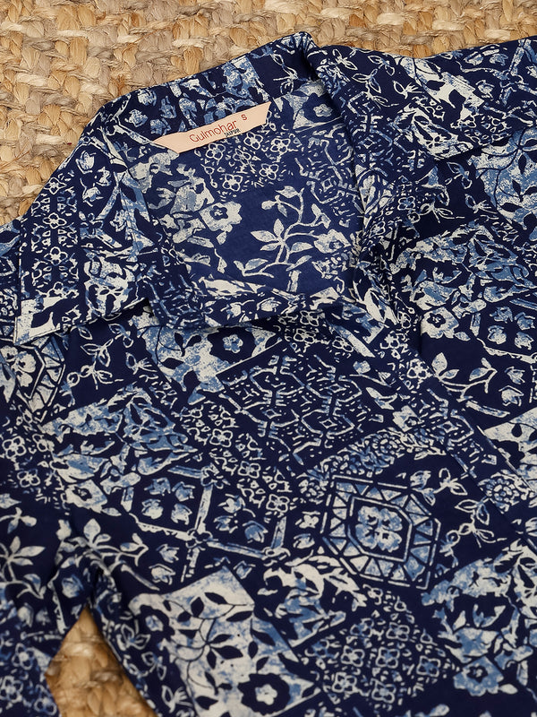 Indigo Cotton Hip Length Printed Shirt Coller Straight Kurta Palazzo Set