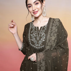 Cotton Calf Length Printed 3/4 Sleeves Round Neck Semi-Flared Kurta Suit Set