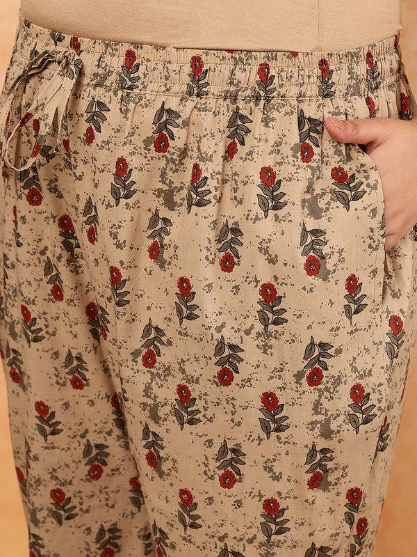 Cotton Calf Length Printed Straight 3/4 Sleeves Round Kurta Suit Set (Plus+)