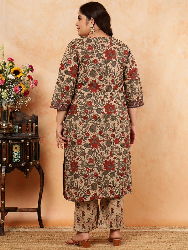Cotton Calf Length Printed Straight 3/4 Sleeves Round Kurta Suit Set (Plus+)