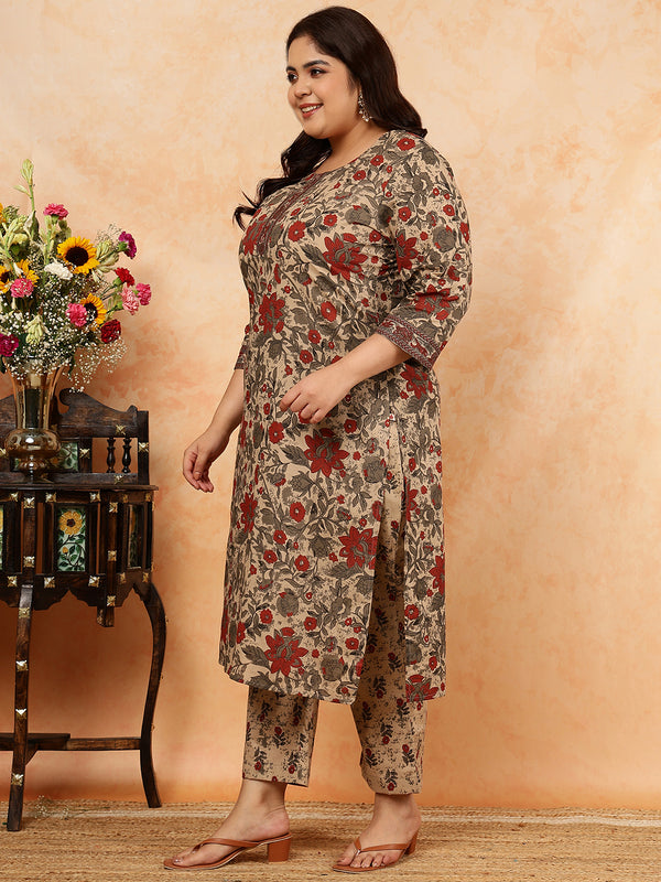 Cotton Calf Length Printed Straight 3/4 Sleeves Round Kurta Suit Set (Plus+)