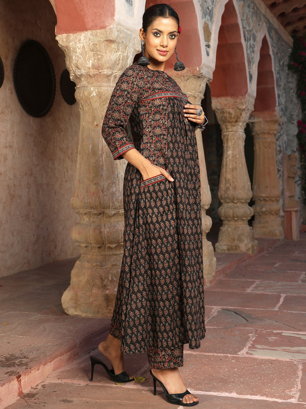 Black Cotton Calf Length Printed Mandarin Neck Anarkali Kurta Suit Set