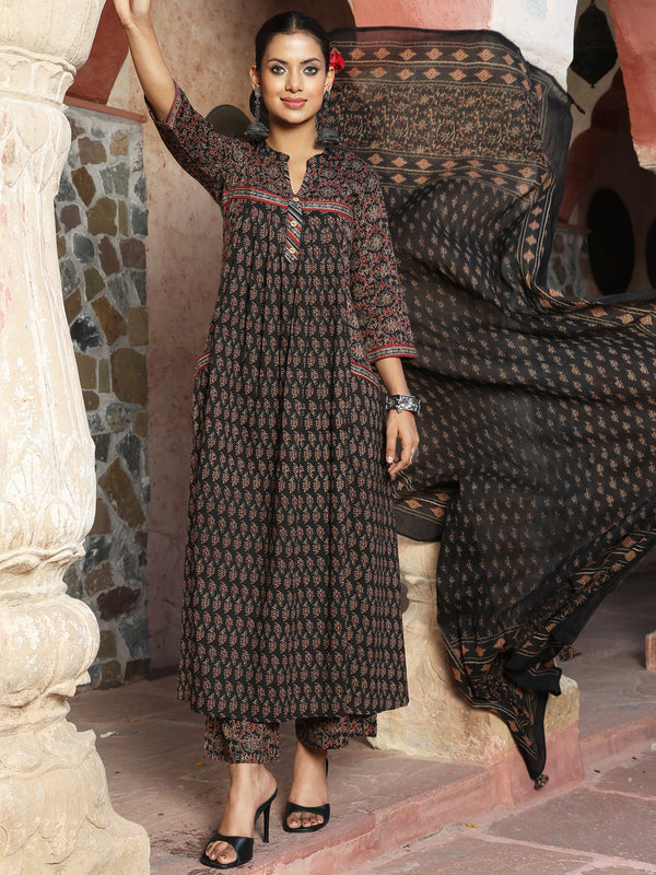 Black Cotton Calf Length Printed Mandarin Neck Anarkali Kurta Suit Set
