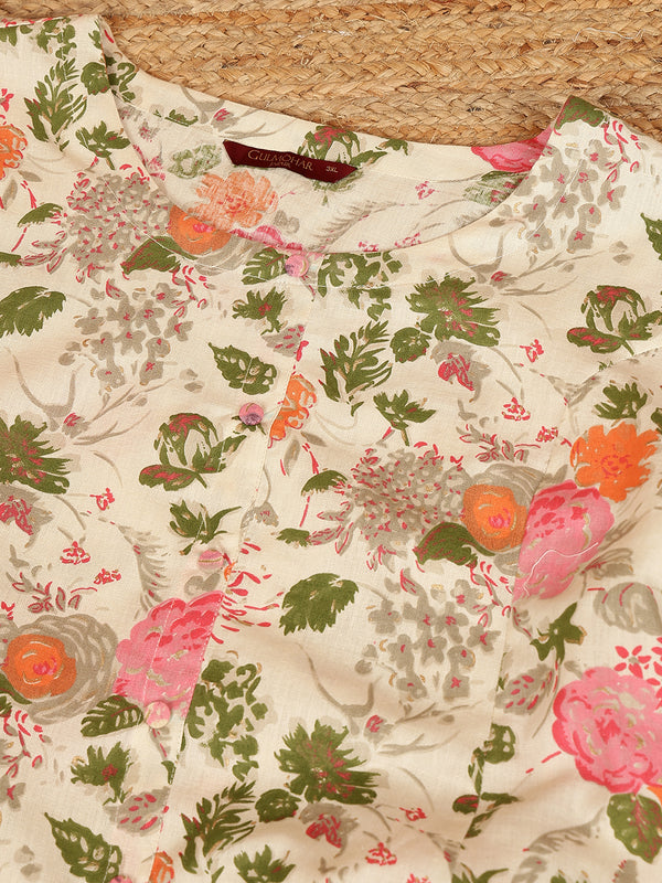 Cotton Flex  Calf Length Printed A-Line 3/4 Sleeves Round Kurta (Plus+)