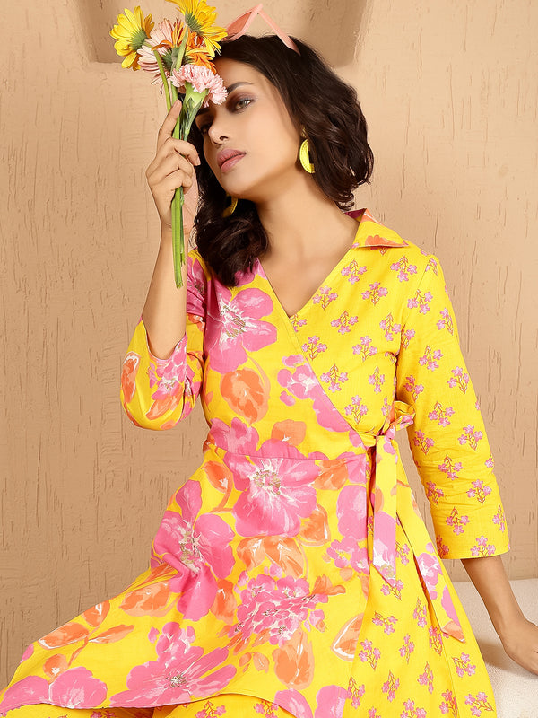 Yellow Cotton Hip Length Printed Shirt Coller Asymmetric Kurta Pant Set