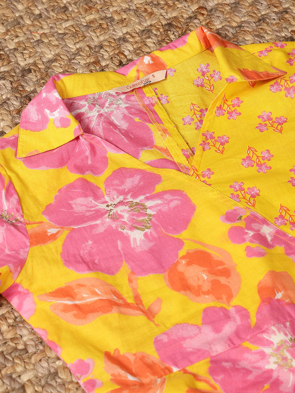 Yellow Cotton Hip Length Printed Shirt Coller Asymmetric Kurta Pant Set