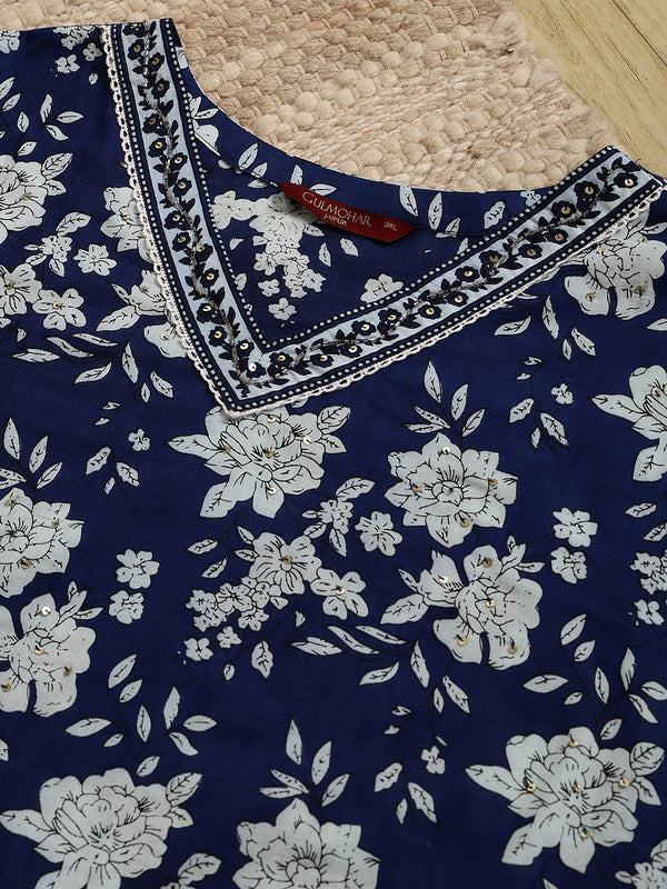 Cotton  Calf Length Printed Straight 3/4 Sleeves V-Neck Kurta