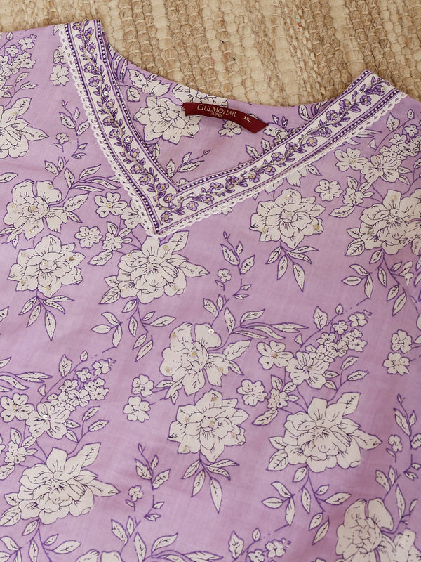 Cotton  Calf Length Printed Straight 3/4 Sleeves V-Neck Kurta