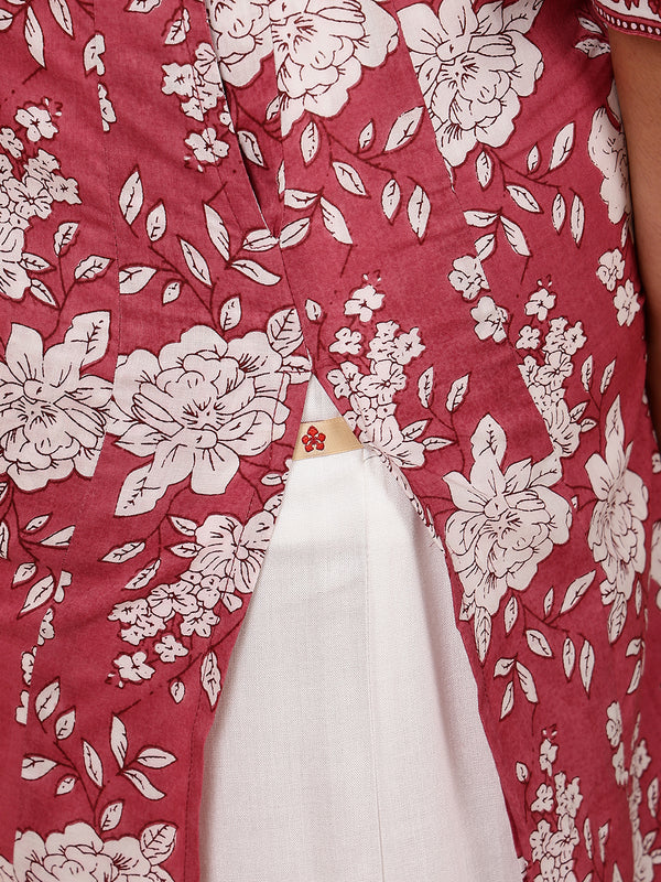 Cotton  Calf Length Printed Straight 3/4 Sleeves V-Neck Kurta