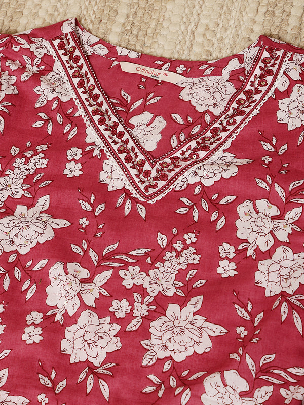 Cotton  Calf Length Printed Straight 3/4 Sleeves V-Neck Kurta