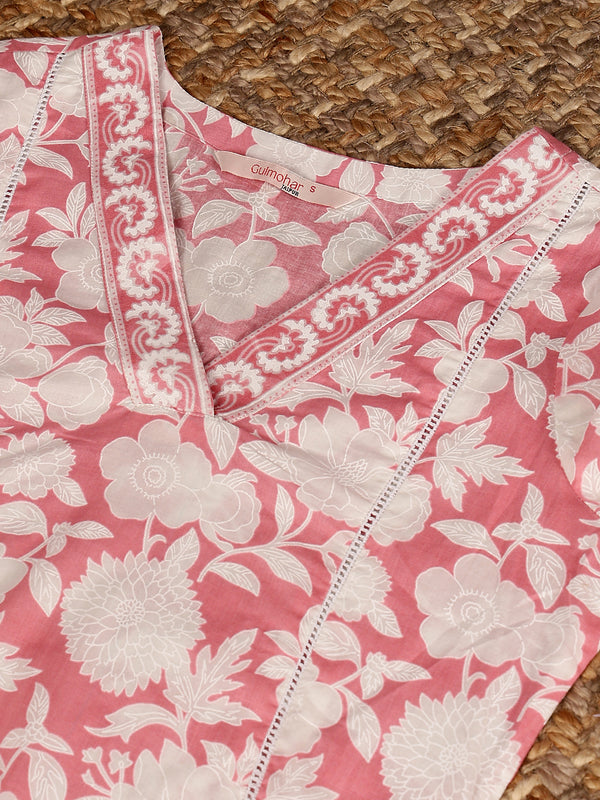 Pink Cotton Hip Length Printed V-Neck Straight Kurta Pant Set
