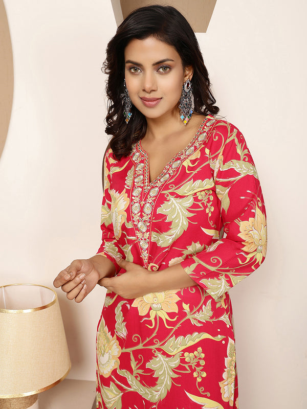 Coral Rayon Calf Length Printed V-Neck Straight Kurta