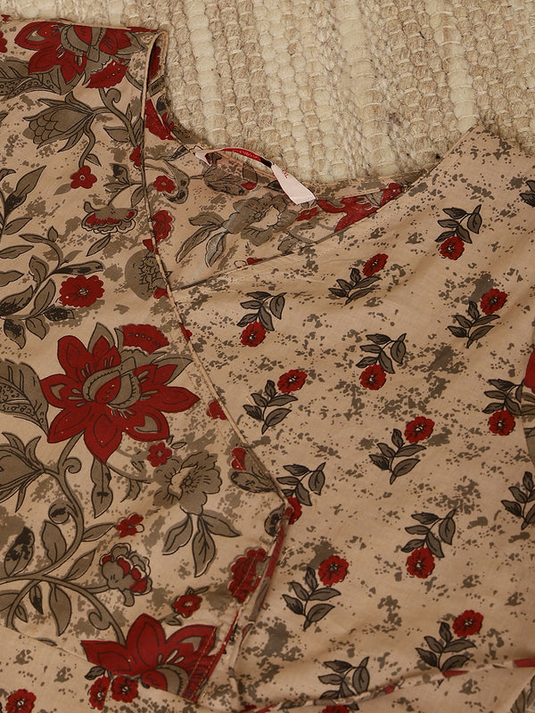 Cotton Calf Length Printed Flared 3/4 Sleeves V-Neck Kurta