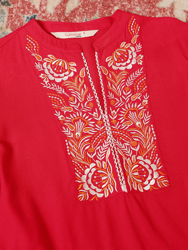 Coral Rayon Hip Length Solid Round Straight 3/4 Sleeves Kurta Pant Set