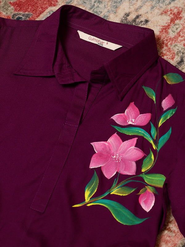 Purple Rayon Hip Length Solid Shirt Coller Flared Kurta Pant Set