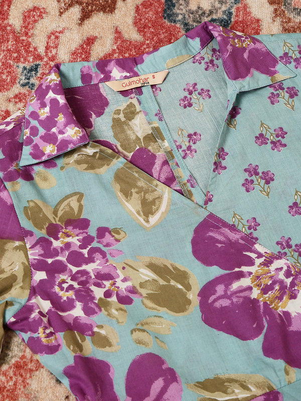Lgtblue Cotton Hip Length Printed Shirt Coller Asymmetric Kurta Pant Set