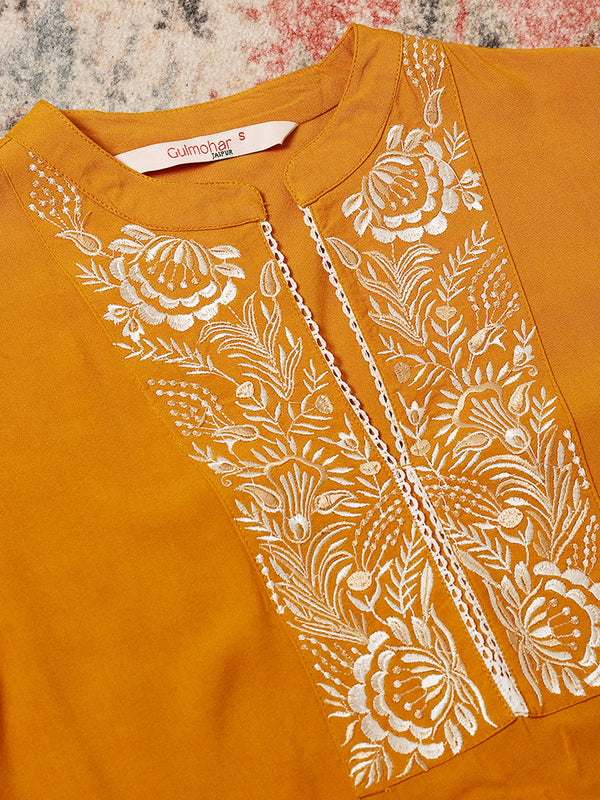 Mustard Rayon Hip Length Solid Round Straight 3/4 Sleeves Kurta Pant Set
