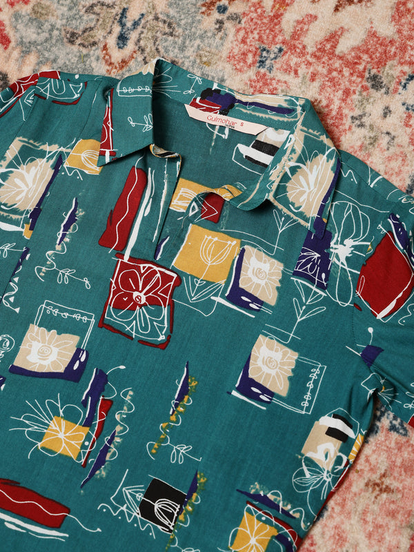 Green Rayon Hip Length Printed Shirt Coller Asymmetric Kurta Pant Set
