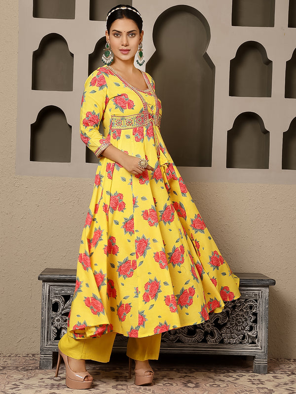 Lemon Rayon Calf Length Printed V-Neck Anarkali Kurta Suit Set
