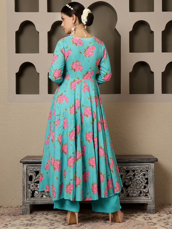 Rama Rayon Calf Length Printed V-Neck Anarkali Kurta Suit Set