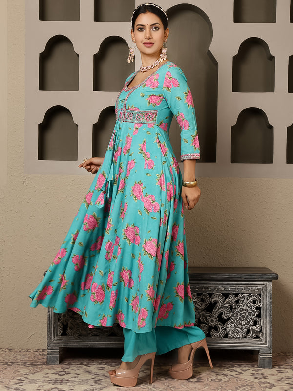Rama Rayon Calf Length Printed V-Neck Anarkali Kurta Suit Set