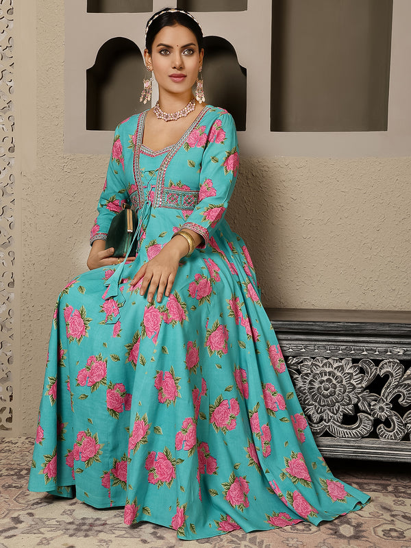 Rama Rayon Calf Length Printed V-Neck Anarkali Kurta Suit Set