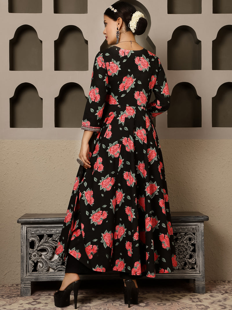 Black Rayon Calf Length Printed V-Neck Anarkali Kurta Suit Set