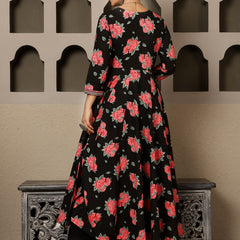 Black Rayon Calf Length Printed V-Neck Anarkali Kurta Suit Set