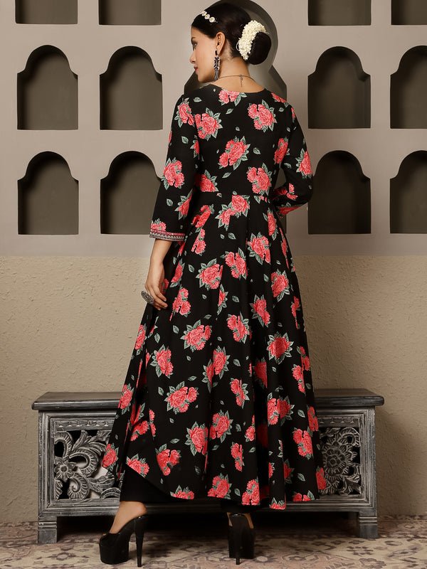 Black Rayon Calf Length Printed V-Neck Anarkali Kurta Suit Set