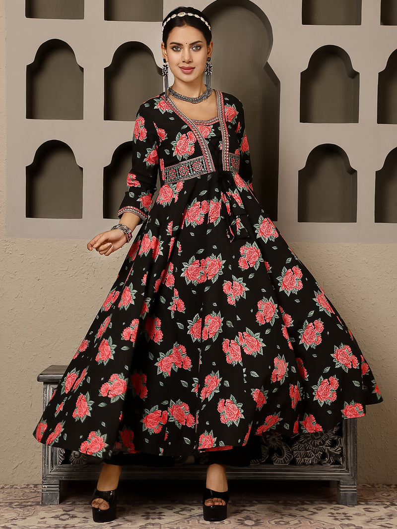 Black Rayon Calf Length Printed V-Neck Anarkali Kurta Suit Set