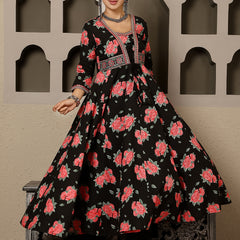 Black Rayon Calf Length Printed V-Neck Anarkali Kurta Suit Set