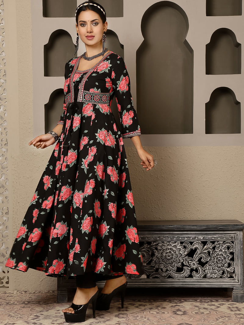 Black Rayon Calf Length Printed V-Neck Anarkali Kurta Suit Set