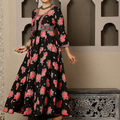 Black Rayon Calf Length Printed V-Neck Anarkali Kurta Suit Set