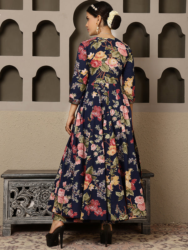 Navy Cotton Calf Length Printed V-Neck Anarkali Kurta Suit Set