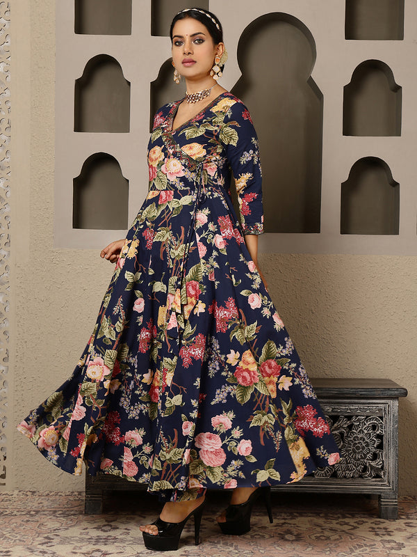 Navy Cotton Calf Length Printed V-Neck Anarkali Kurta Suit Set