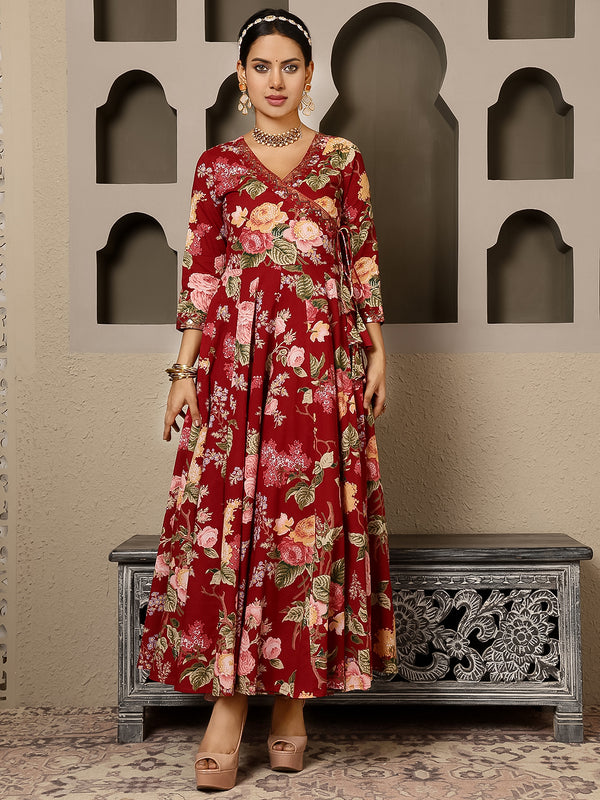 Maroon Cotton Calf Length Printed V-Neck Anarkali Kurta Suit Set